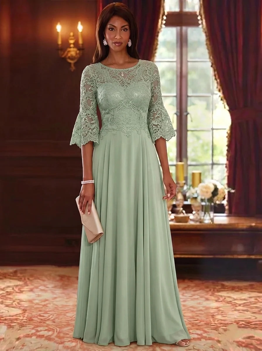 A-Line/Princess Scoop Chiffon Mother of the Bride Dresses Lace Floral Floor-Length 3/4 Sleeves