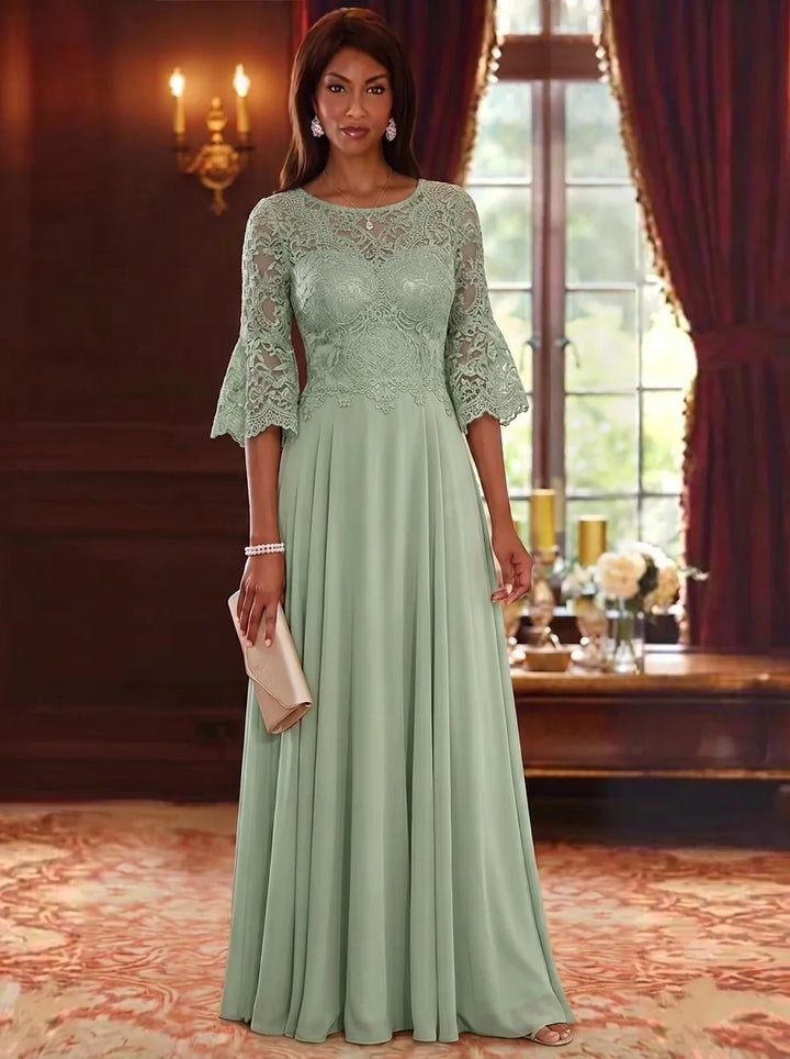 A-Line/Princess Scoop Chiffon Mother of the Bride Dresses Lace Floral Floor-Length 3/4 Sleeves