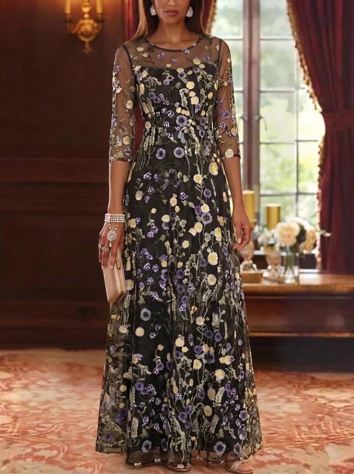 A-Line/Princess Scoop Lace Embroidery Mother of the Bride Dresses Floral 3/4 Sleeves Floor-Length