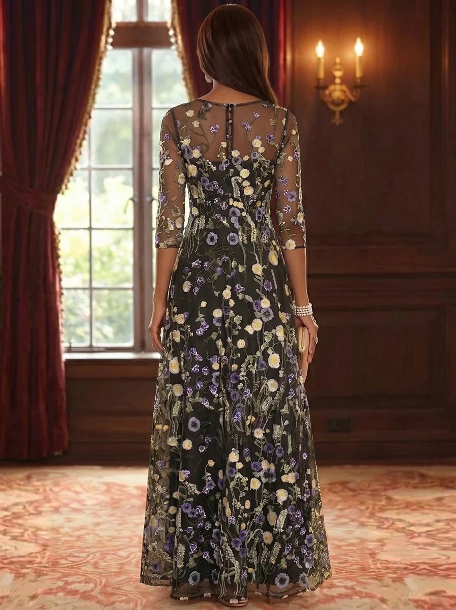 A-Line/Princess Scoop Lace Embroidery Mother of the Bride Dresses Floral 3/4 Sleeves Floor-Length