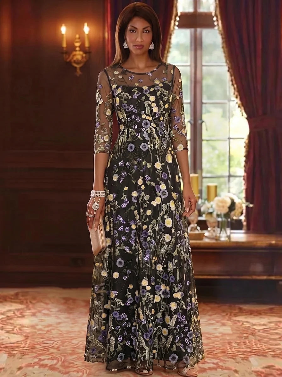 A-Line/Princess Scoop Lace Embroidery Mother of the Bride Dresses Floral 3/4 Sleeves Floor-Length