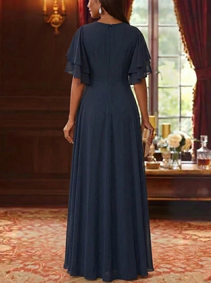 A-Line/Princess V-Neck Chiffon Mother of the Bride Dresses Sequins Floral Floor-Length Short Sleeves