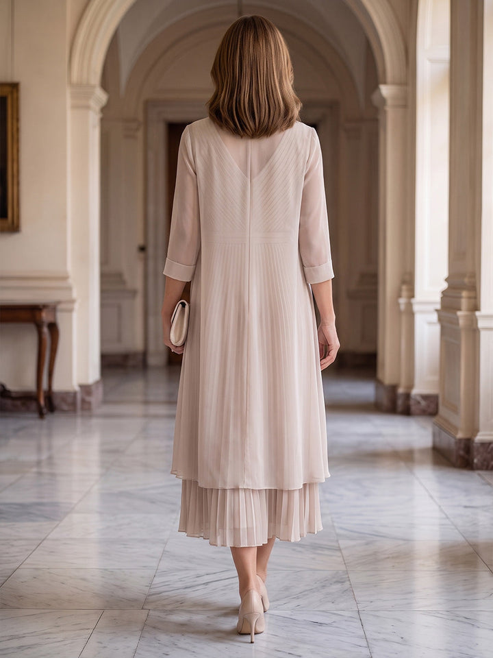 2 Pieces A-Line/Princess V-Neck Chiffon Mother of the Bride Dresses Tea-Length 3/4 Sleeves Pleated