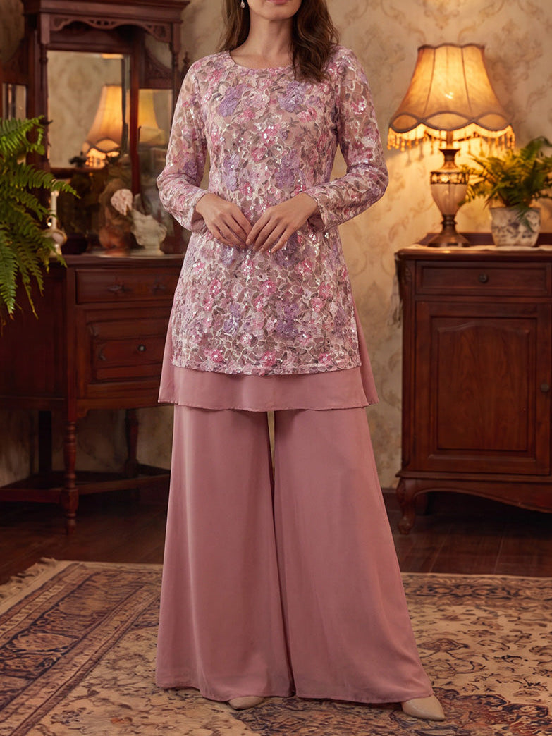 2 Pieces Scoop Chiffon Mother of the Bride Pantsuits Floral Floor-Length Long Sleeves