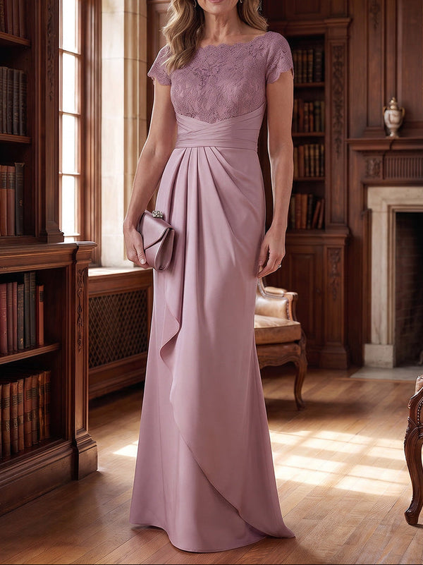 Sheath/Column Scoop Satin Mother of the Bride Dresses Lace Floor-Length Short Sleeves