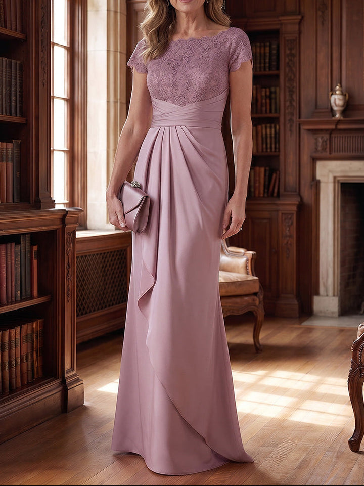 Sheath/Column Scoop Satin Mother of the Bride Dresses Lace Floor-Length Short Sleeves