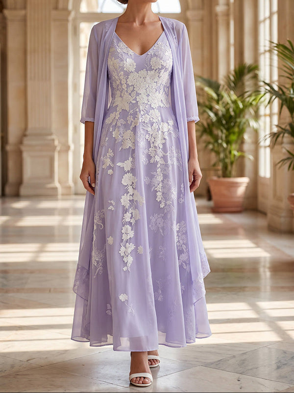 2 Pieces A-Line/Princess V-Neck Lace Embroidery Mother of the Bride Dresses Ankle-Length 3/4 Sleeves