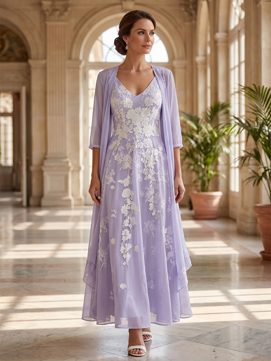2 Pieces A-Line/Princess V-Neck Lace Embroidery Mother of the Bride Dresses Ankle-Length 3/4 Sleeves