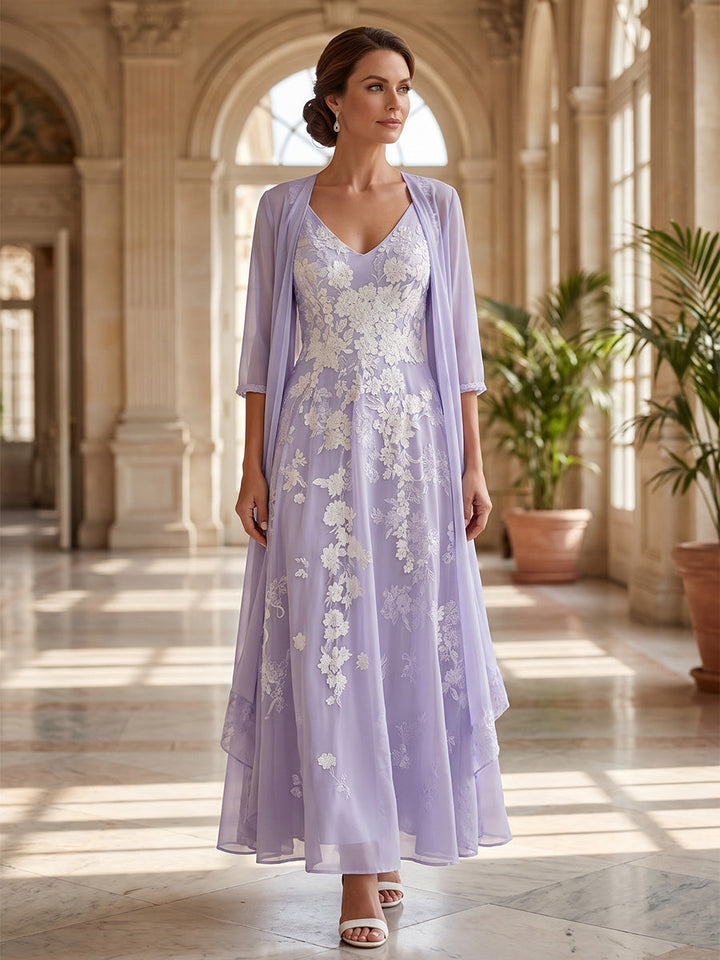 2 Pieces A-Line/Princess V-Neck Lace Embroidery Mother of the Bride Dresses Ankle-Length 3/4 Sleeves