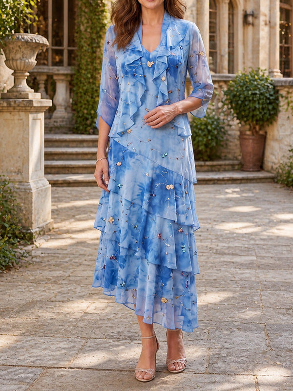 2 Pieces A-Line/Princess V-Neck Floral Chiffon Mother of the Bride Dresses Tea-Length Half Sleeves Ruffles