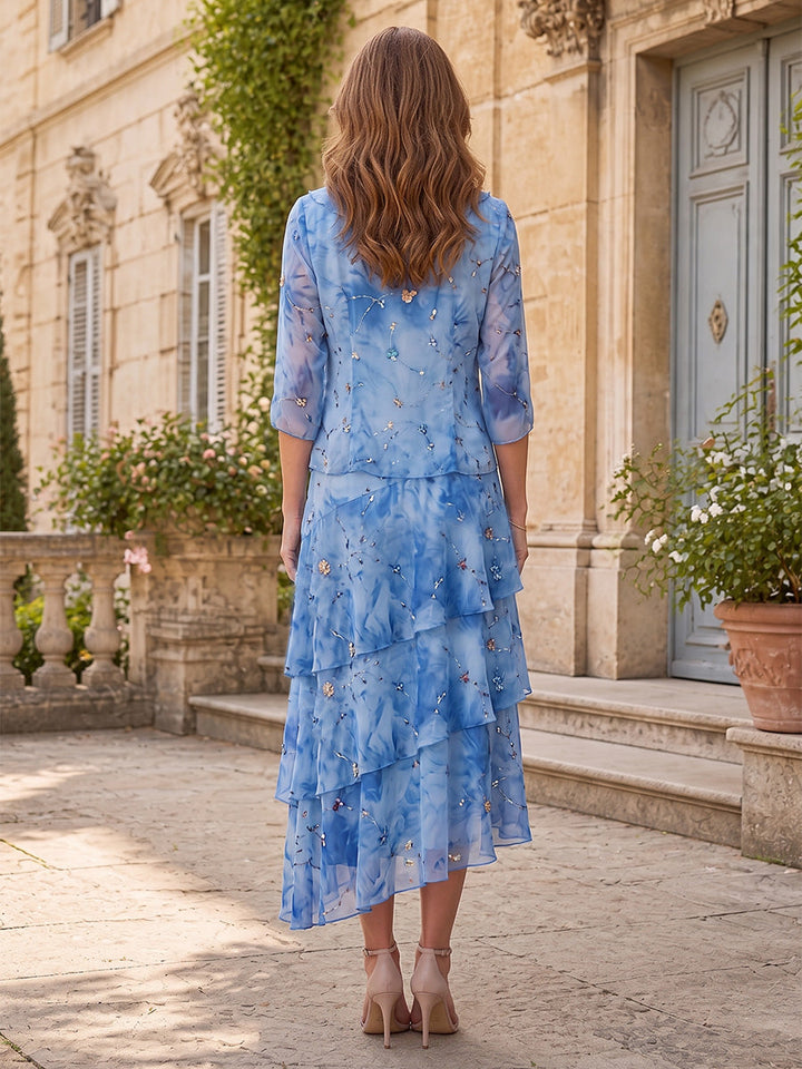 2 Pieces A-Line/Princess V-Neck Floral Chiffon Mother of the Bride Dresses Tea-Length Half Sleeves Ruffles