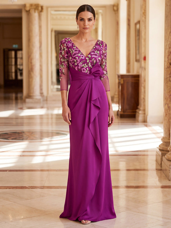 Sheath/Column V-Neck Floral Satin Mother of the Bride Dresses Floor-Length 3/4 Sleeves Ruffles