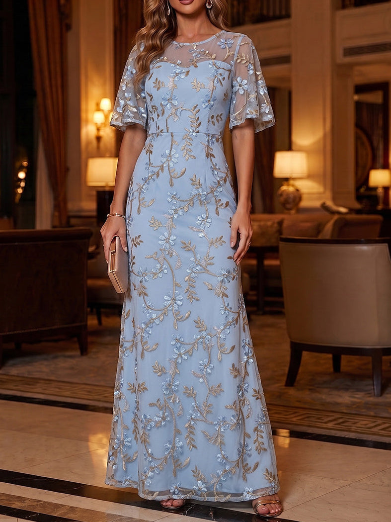 Sheath/Column Scoop Lace Embroidery Mother of the Bride Dresses Ankle-Length Short Sleeves