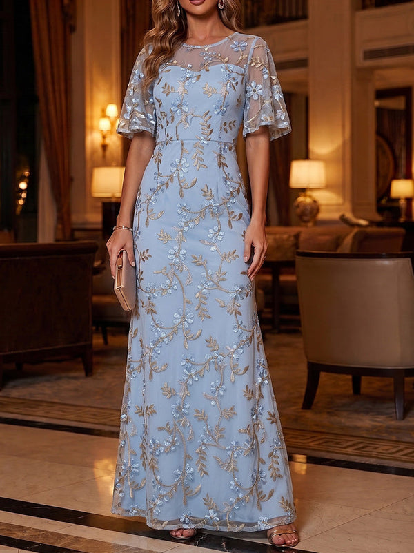 Sheath/Column Scoop Lace Embroidery Mother of the Bride Dresses Ankle-Length Short Sleeves