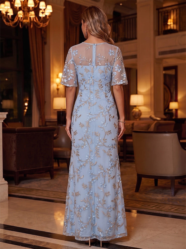 Sheath/Column Scoop Lace Embroidery Mother of the Bride Dresses Ankle-Length Short Sleeves