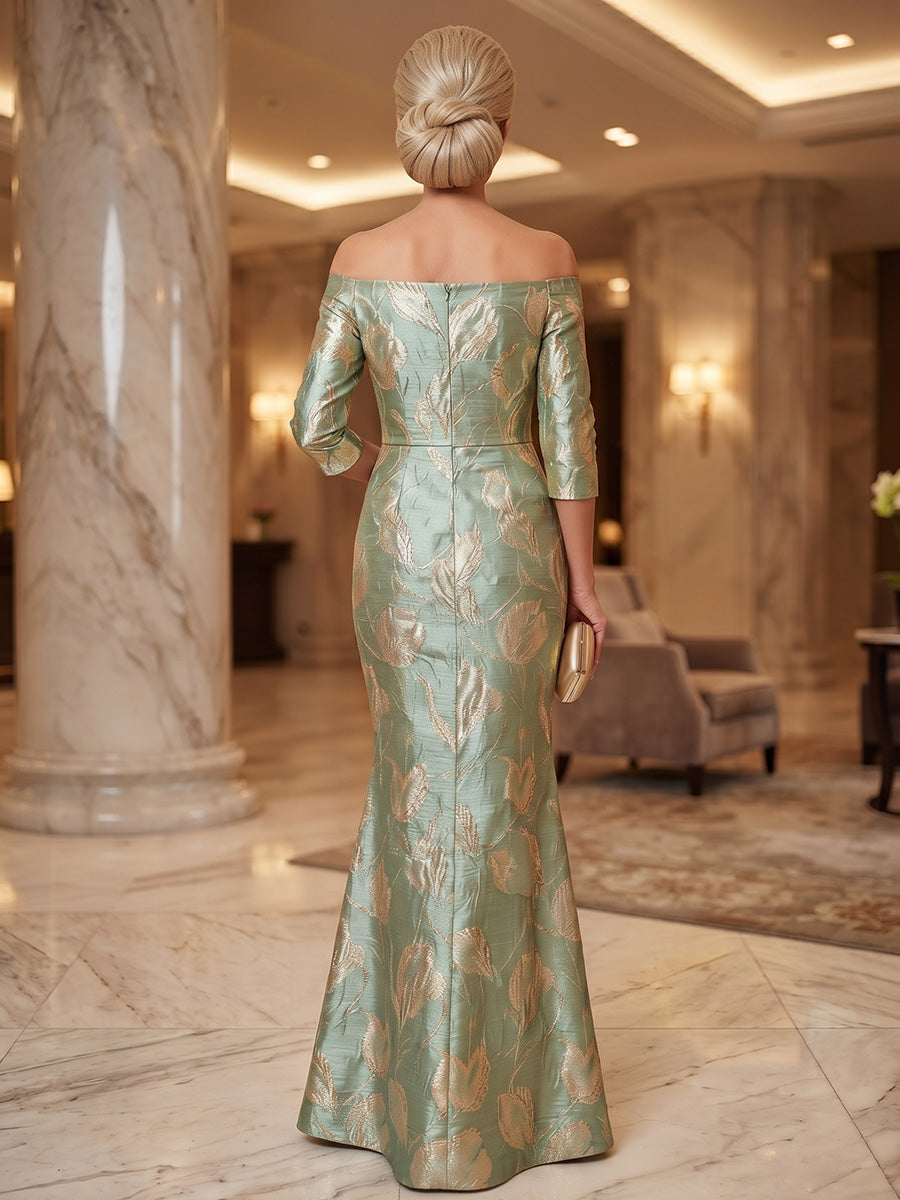 Trumpet/Mermaid Off-the-Shoulder Jacquard Mother of the Bride Dresses Floor-Length 3/4 Sleeves 3D Flower