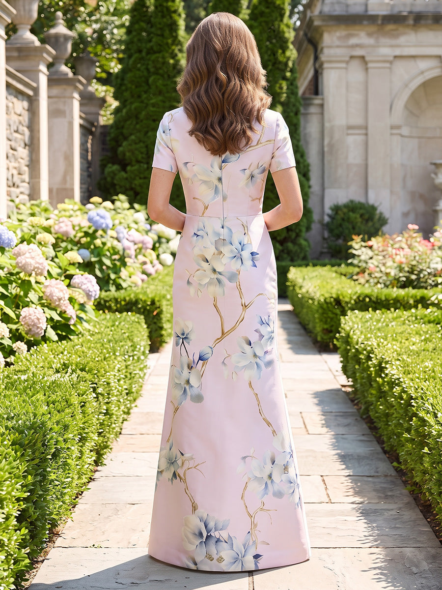 Sheath/Column Scoop Printed Satin Mother of the Bride Dresses Floor-Length Short Sleeves Floral