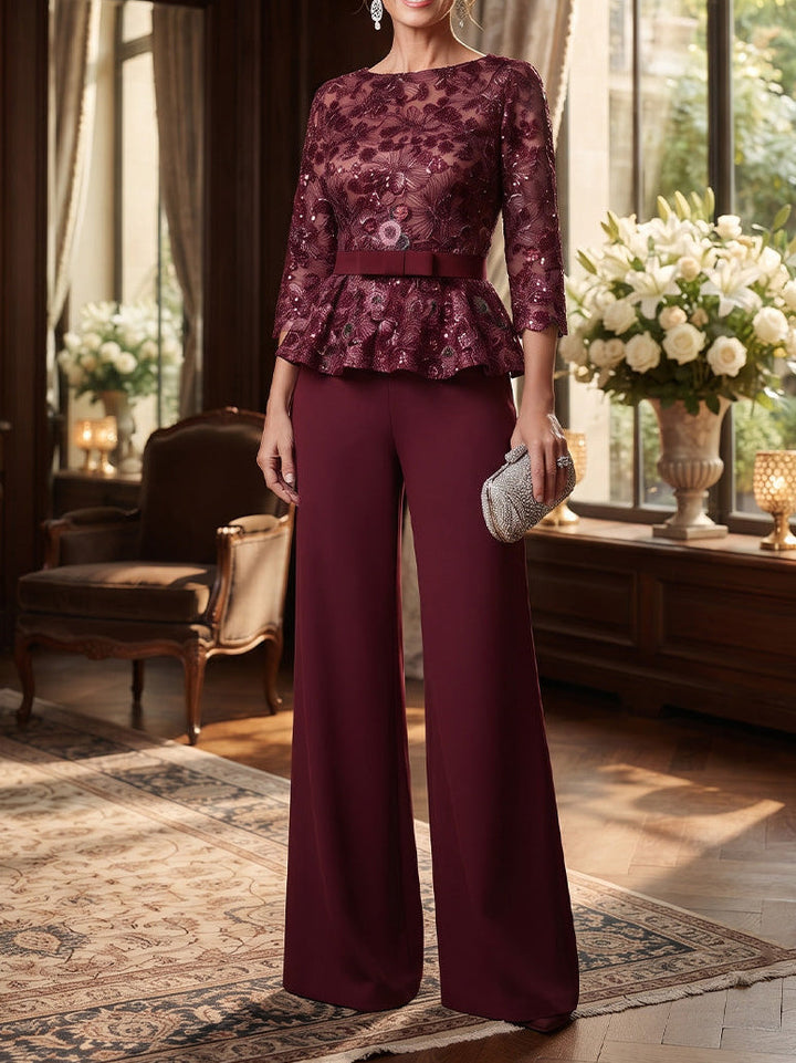 2 Pieces Scoop Chiffon Mother of the Bride Pantsuits Floral Floor-Length 3/4 Sleeves