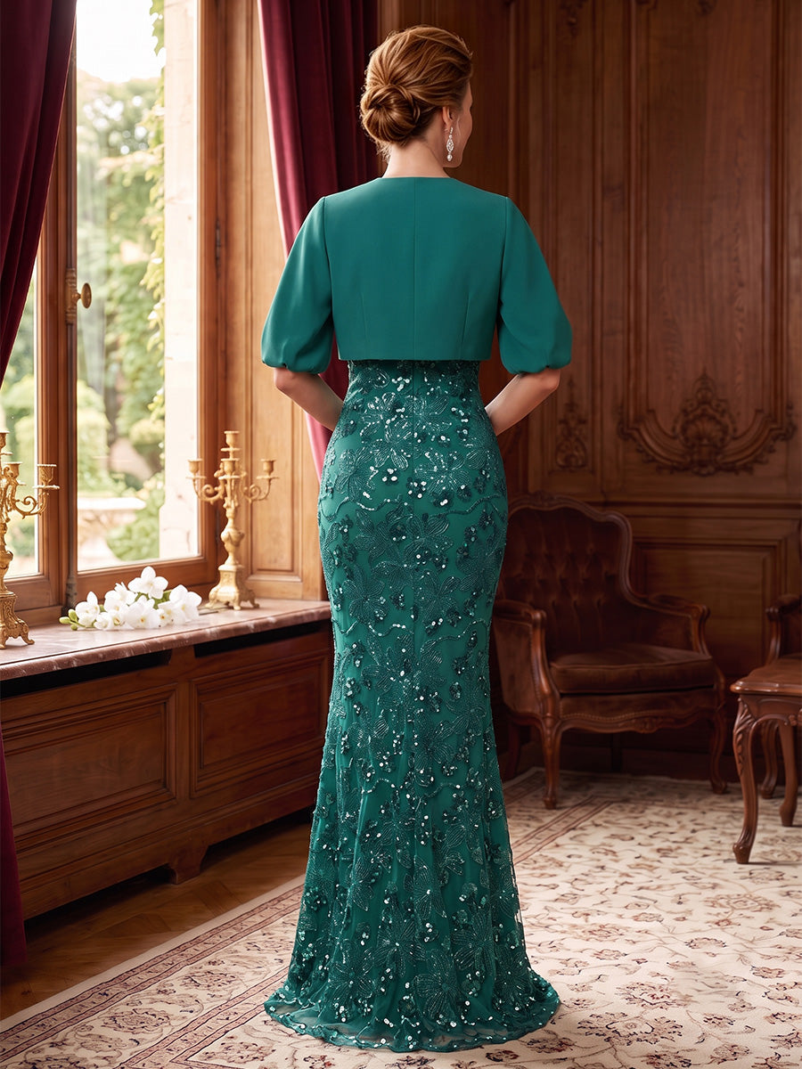 2 Pieces Trumpet/Mermaid V-Neck Sequins Mother of the Bride Dresses Floor-Length Short Sleeves with Jacket