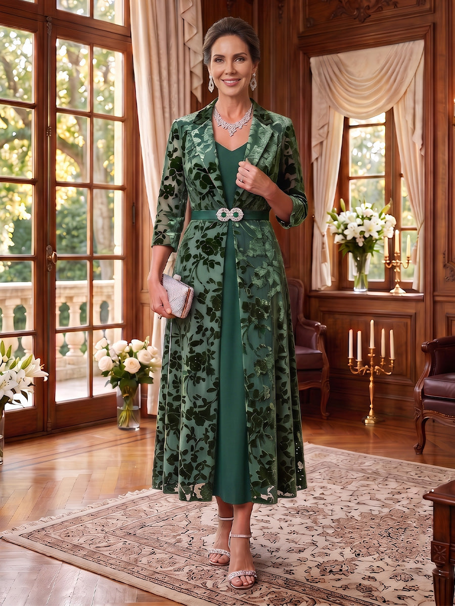 2 Pieces A-Line/Princess V-Neck Chiffon Mother of the Bride Dresses Floral Tea-Length 3/4 Sleeves&amp;Sleeveless