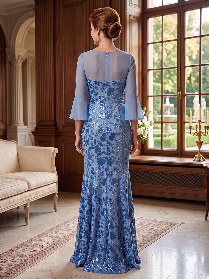 Sheath/Column V-Neck Floral Mother of the Bride Dresses Floor-Length 3/4 Sleeves