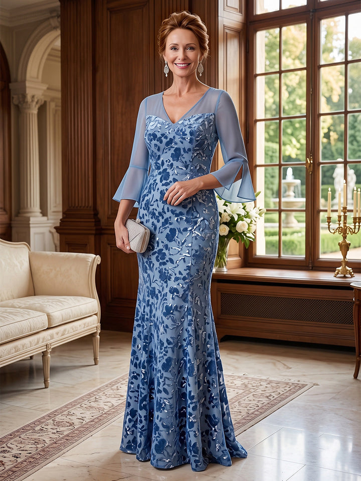 Sheath/Column V-Neck Floral Mother of the Bride Dresses Floor-Length 3/4 Sleeves