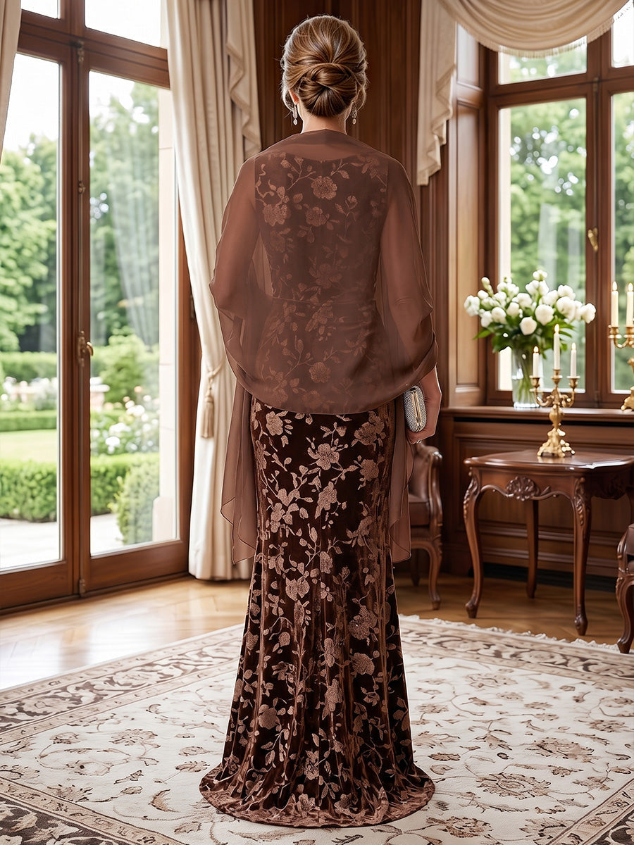 Sheath/Column Scoop Floral Velvet Mother of the Bride Dresses Floor-Length Sleeveless with Wrap