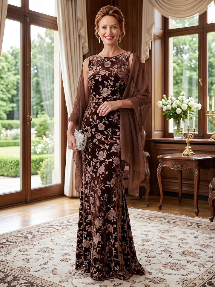 Sheath/Column Scoop Floral Velvet Mother of the Bride Dresses Floor-Length Sleeveless with Wrap