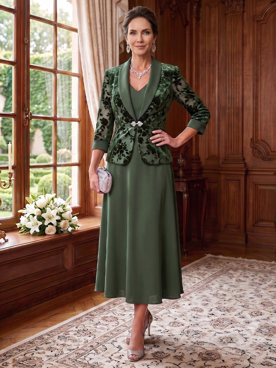 2 Pieces A-Line/Princess V-Neck Chiffon Mother of the Bride Dresses Floral Tea-Length 3/4 Sleeves&amp;Sleeveless