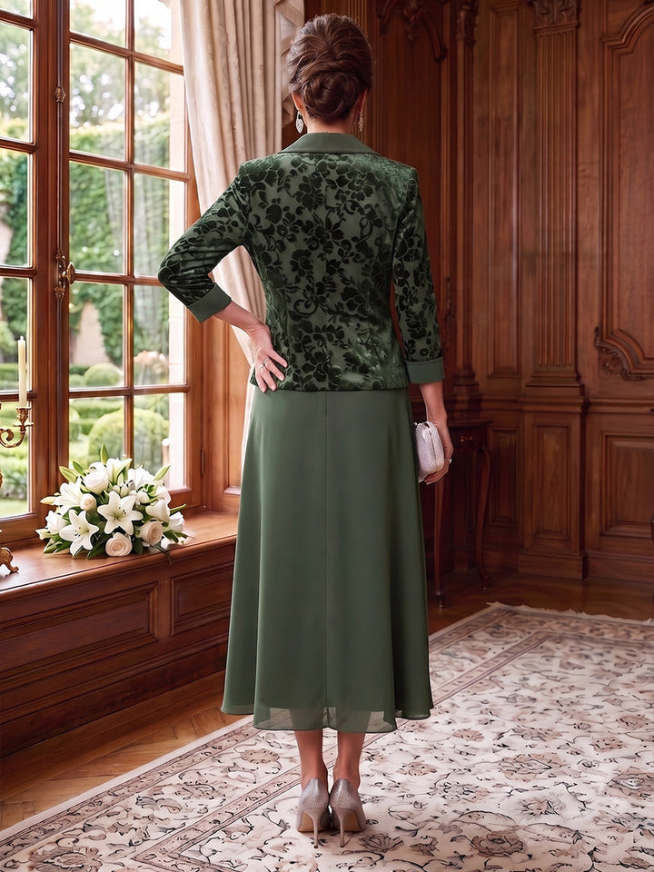 2 Pieces A-Line/Princess V-Neck Chiffon Mother of the Bride Dresses Floral Tea-Length 3/4 Sleeves&amp;Sleeveless