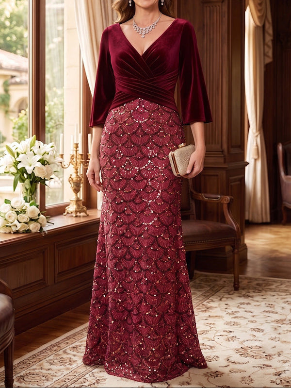 Sheath/Column V-Neck Velvet Mother of the Bride Dresses Sequins Floor-Length 3/4 Sleeves