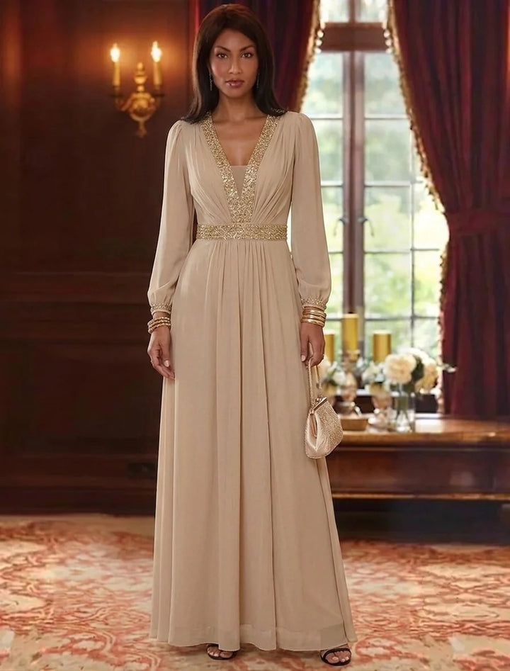 A-Line/Princess V-Neck Chiffon Mother of the Bride Dresses Sequins Ankle-Length Long Sleeves