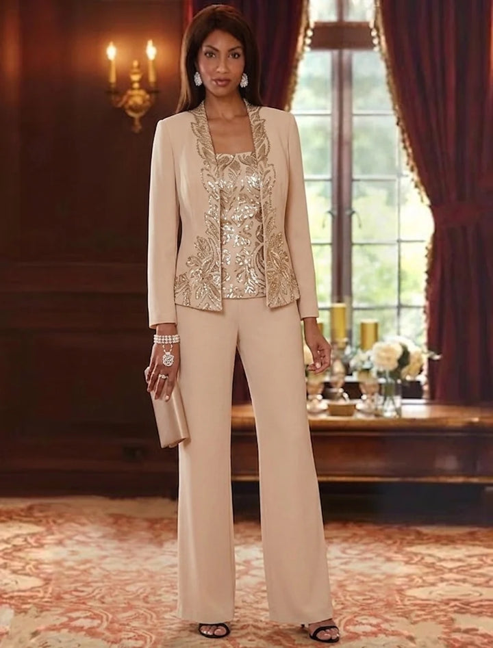 3 Pieces Scoop Chiffon Mother of the Bride Pantsuits Foral Long Sleeves Ankle-Length