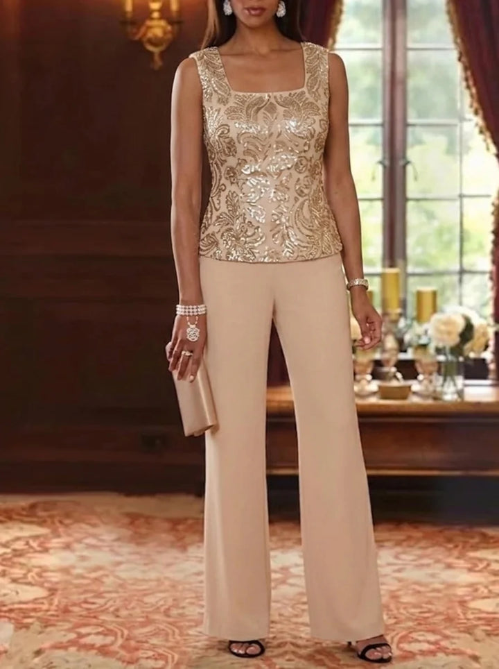 3 Pieces Scoop Chiffon Mother of the Bride Pantsuits Foral Long Sleeves Ankle-Length
