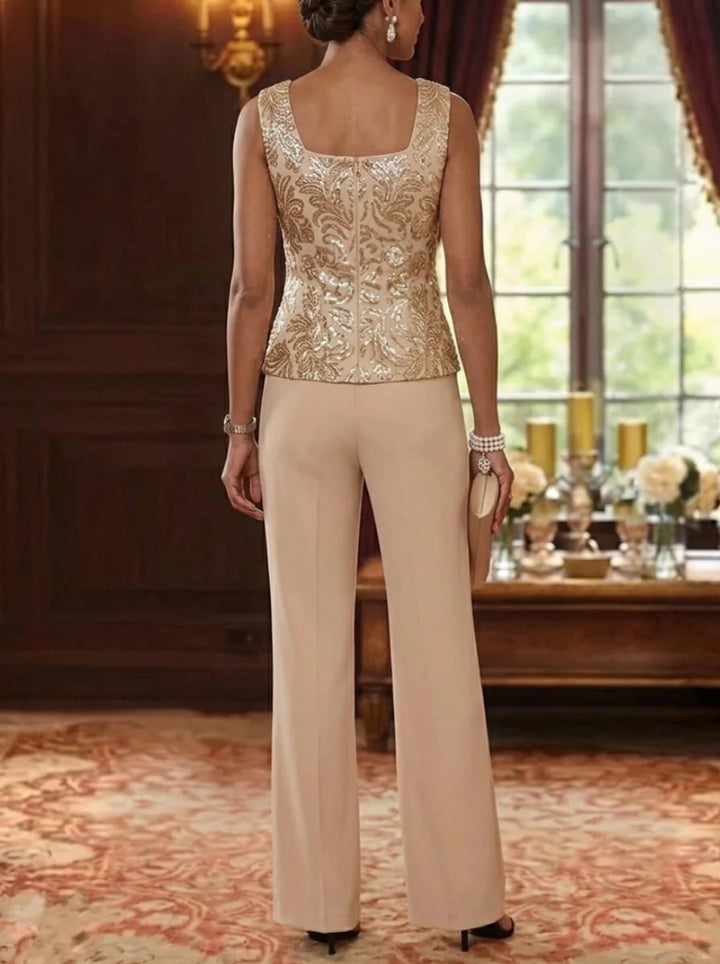 3 Pieces Scoop Chiffon Mother of the Bride Pantsuits Foral Long Sleeves Ankle-Length