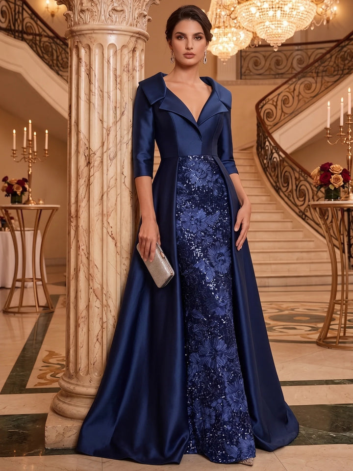 Sheath/Column V-Neck Satin Mother of the Bride Dresses Floor-Length 3/4 Sleeves Sequins