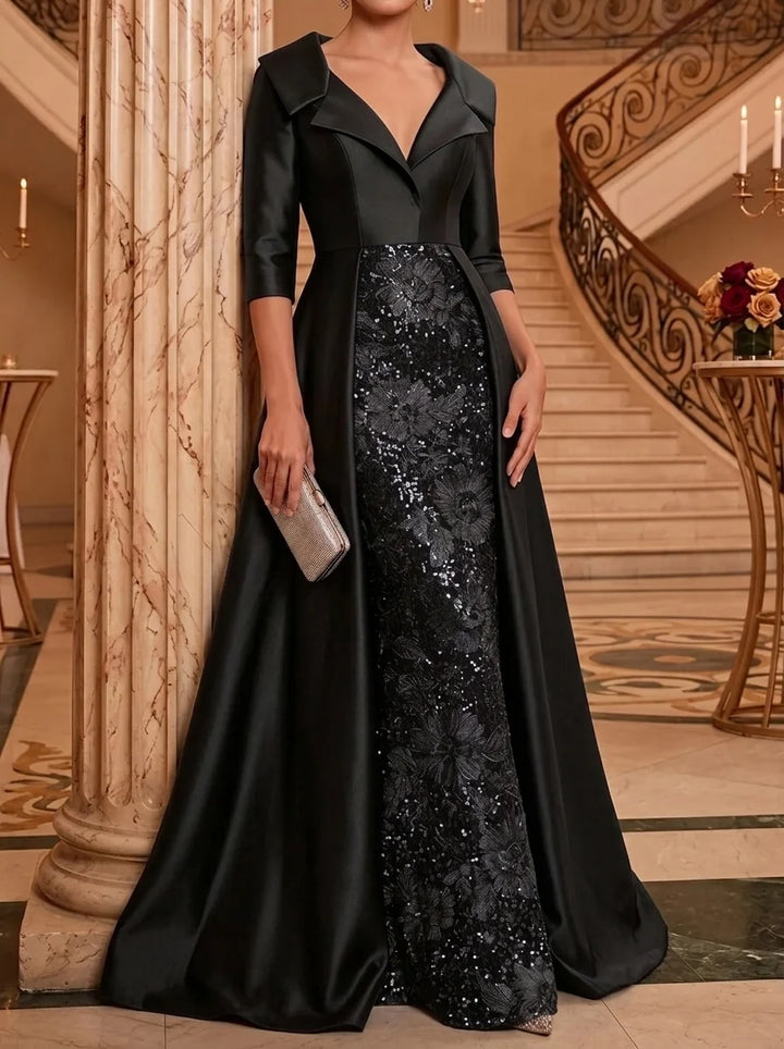 Sheath/Column V-Neck Satin Mother of the Bride Dresses Floor-Length 3/4 Sleeves Sequins