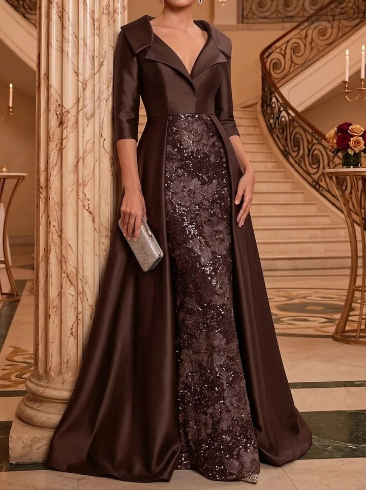 Sheath/Column V-Neck Satin Mother of the Bride Dresses Floor-Length 3/4 Sleeves Sequins