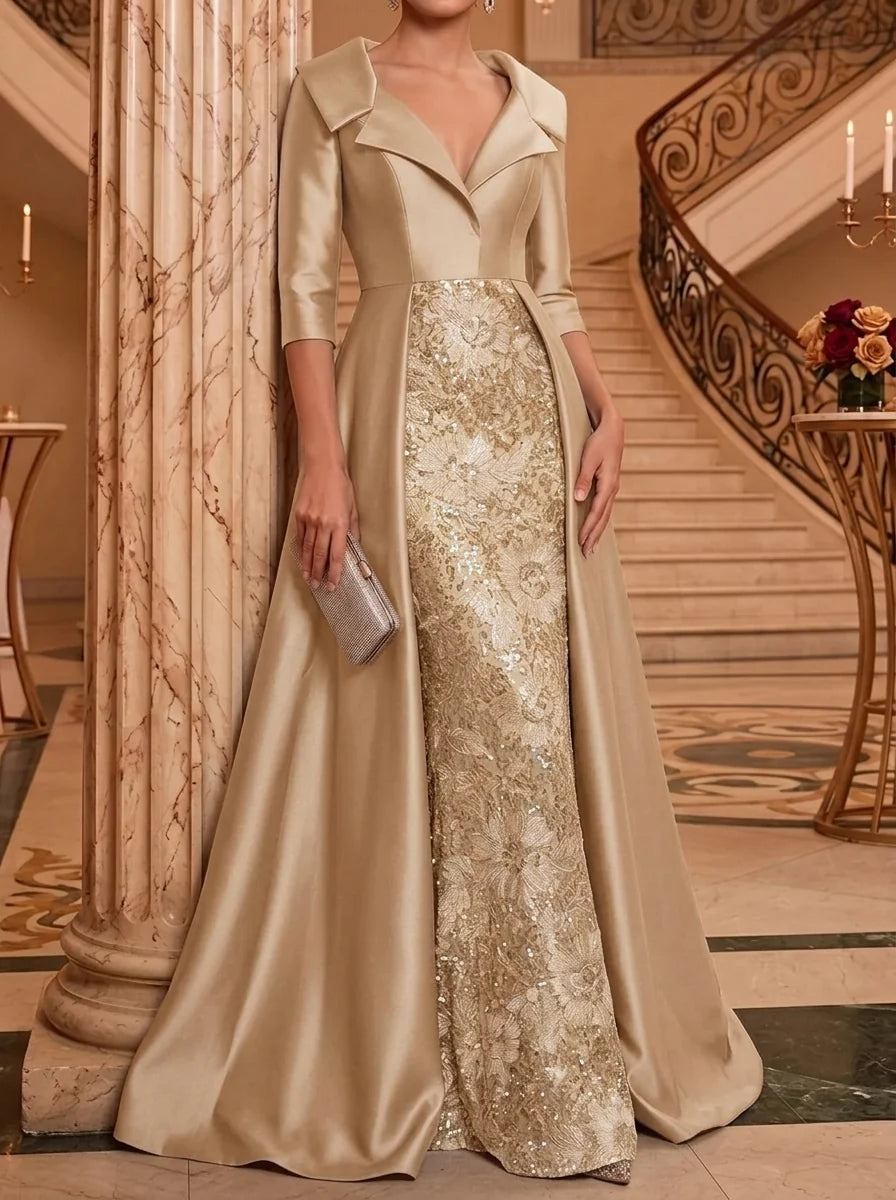 Sheath/Column V-Neck Satin Mother of the Bride Dresses Floor-Length 3/4 Sleeves Sequins
