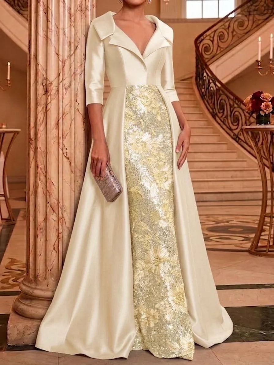 Sheath/Column V-Neck Satin Mother of the Bride Dresses Floor-Length 3/4 Sleeves Sequins