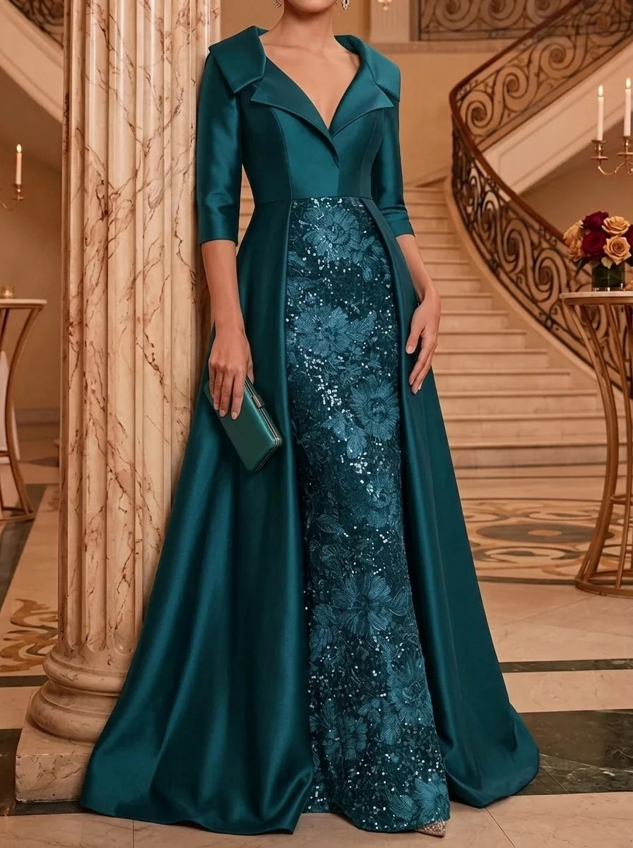 Sheath/Column V-Neck Satin Mother of the Bride Dresses Floor-Length 3/4 Sleeves Sequins