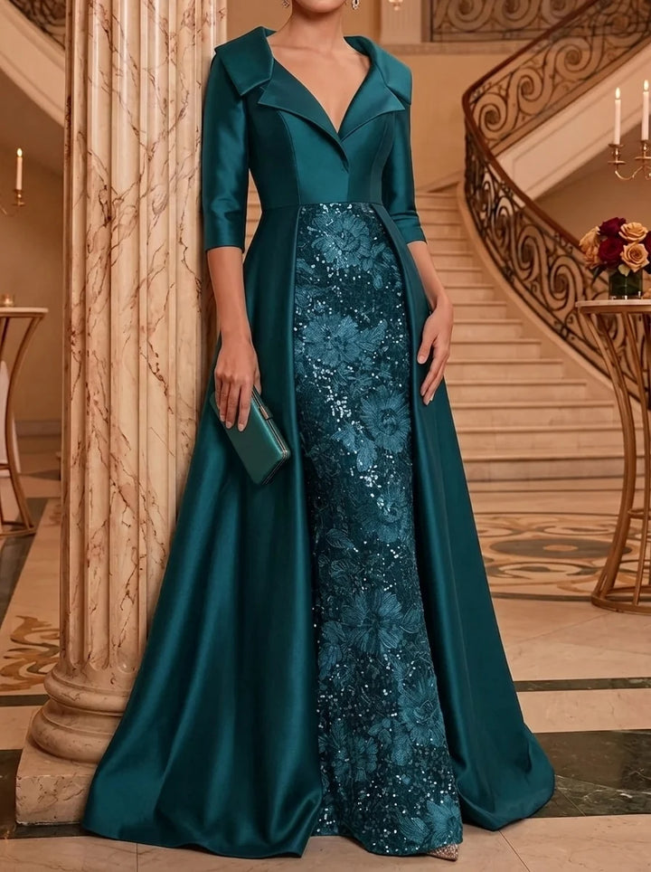 Sheath/Column V-Neck Satin Mother of the Bride Dresses Floor-Length 3/4 Sleeves Sequins