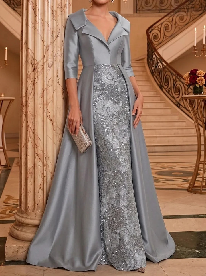 Sheath/Column V-Neck Satin Mother of the Bride Dresses Floor-Length 3/4 Sleeves Sequins