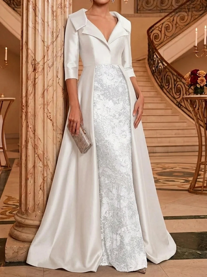 Sheath/Column V-Neck Satin Mother of the Bride Dresses Floor-Length 3/4 Sleeves Sequins