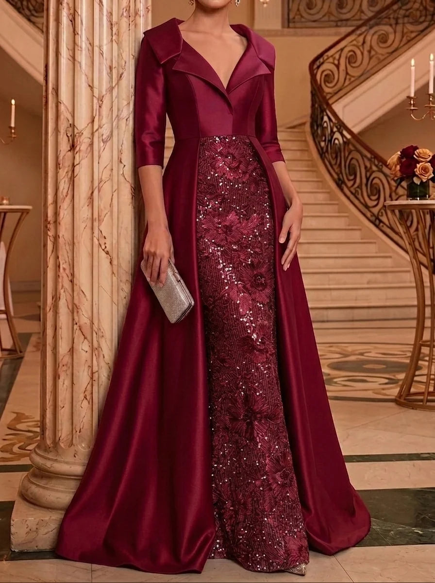 Sheath/Column V-Neck Satin Mother of the Bride Dresses Floor-Length 3/4 Sleeves Sequins