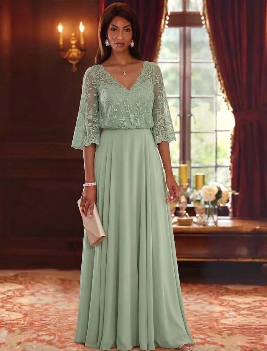 A-Line/Princess V-Neck Chiffon Mother of the Bride Dresses Lace Embroidery 3/4 Sleeves Floor-Length
