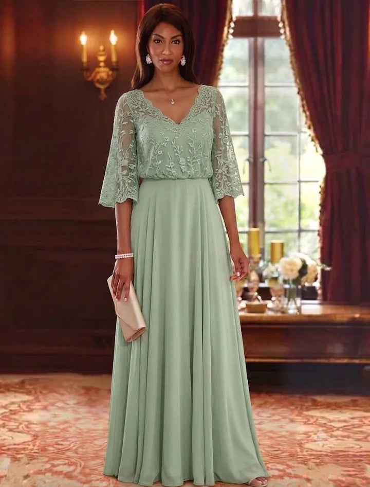A-Line/Princess V-Neck Chiffon Mother of the Bride Dresses Lace Embroidery 3/4 Sleeves Floor-Length