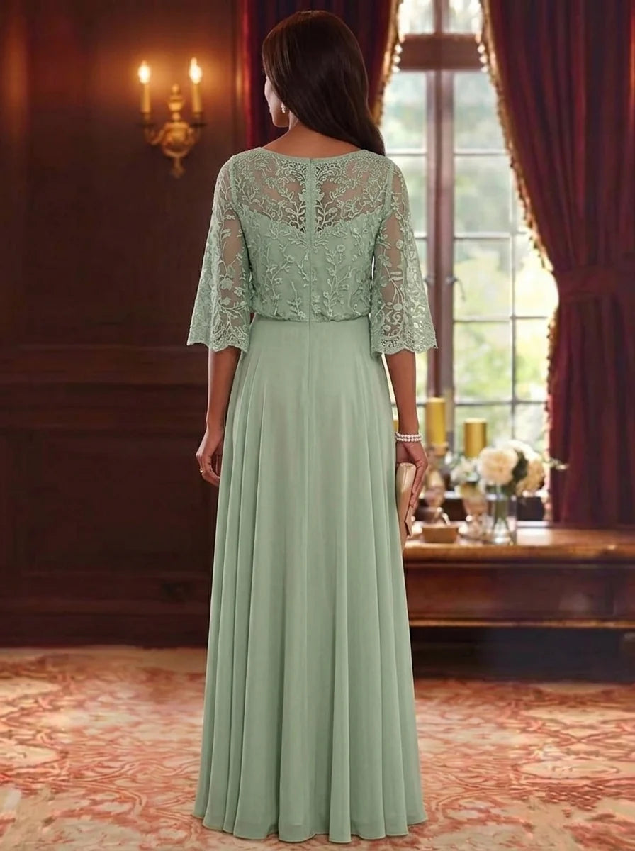 A-Line/Princess V-Neck Chiffon Mother of the Bride Dresses Lace Embroidery 3/4 Sleeves Floor-Length