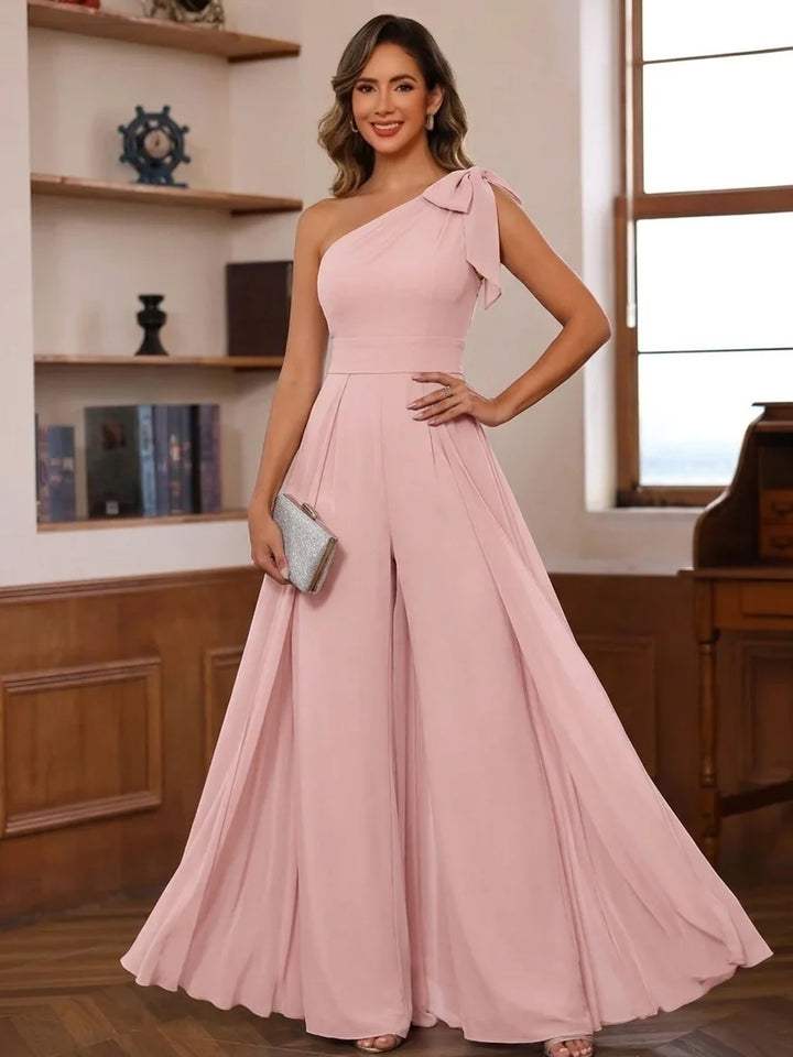 Chiffon One-Shoulder Mother of the Bride Jumpsuits Floor-Length Sleeveless with Bowknot&amp;Overskirt
