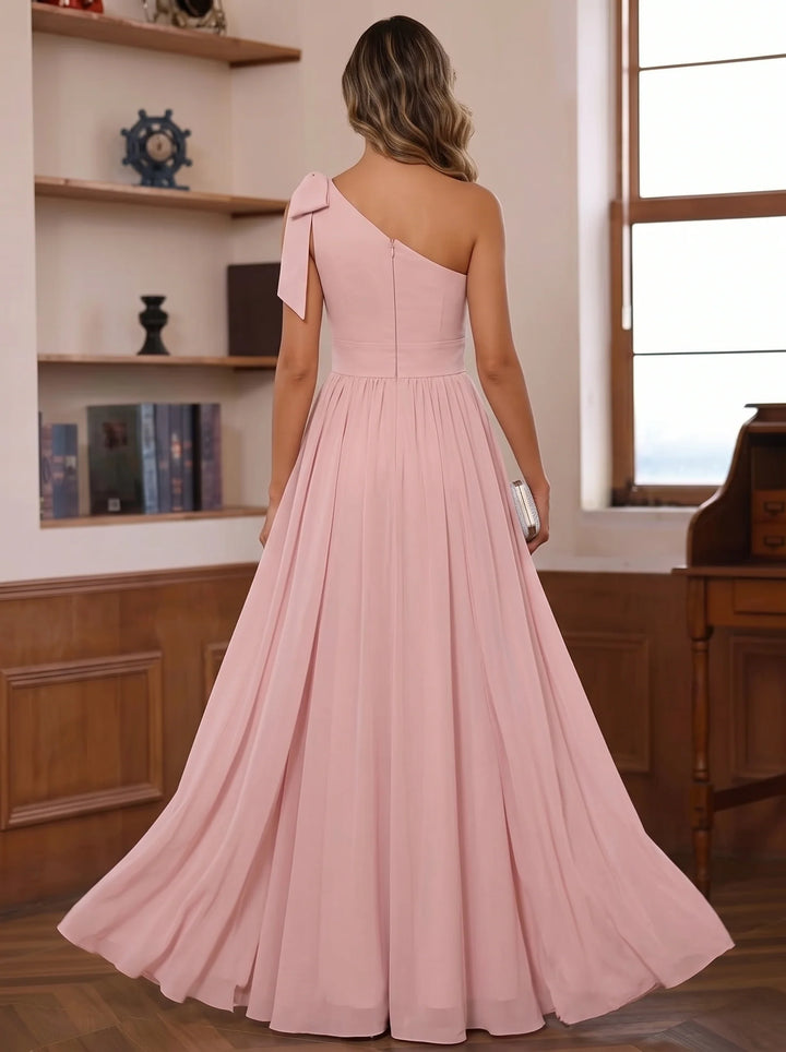 Chiffon One-Shoulder Mother of the Bride Jumpsuits Floor-Length Sleeveless with Bowknot&amp;Overskirt